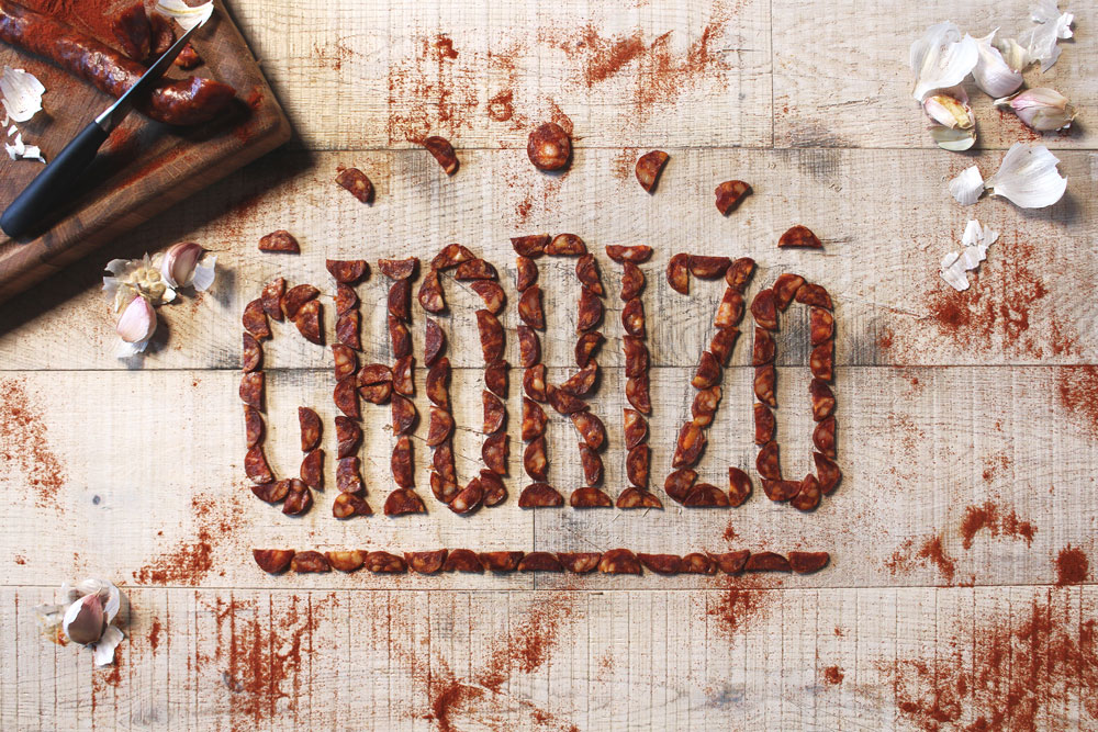 Tactile typography created from sliced chorizo