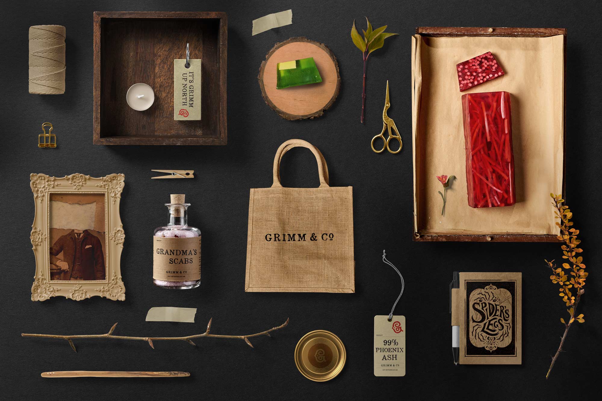 Flat lay of Grimm & Co products