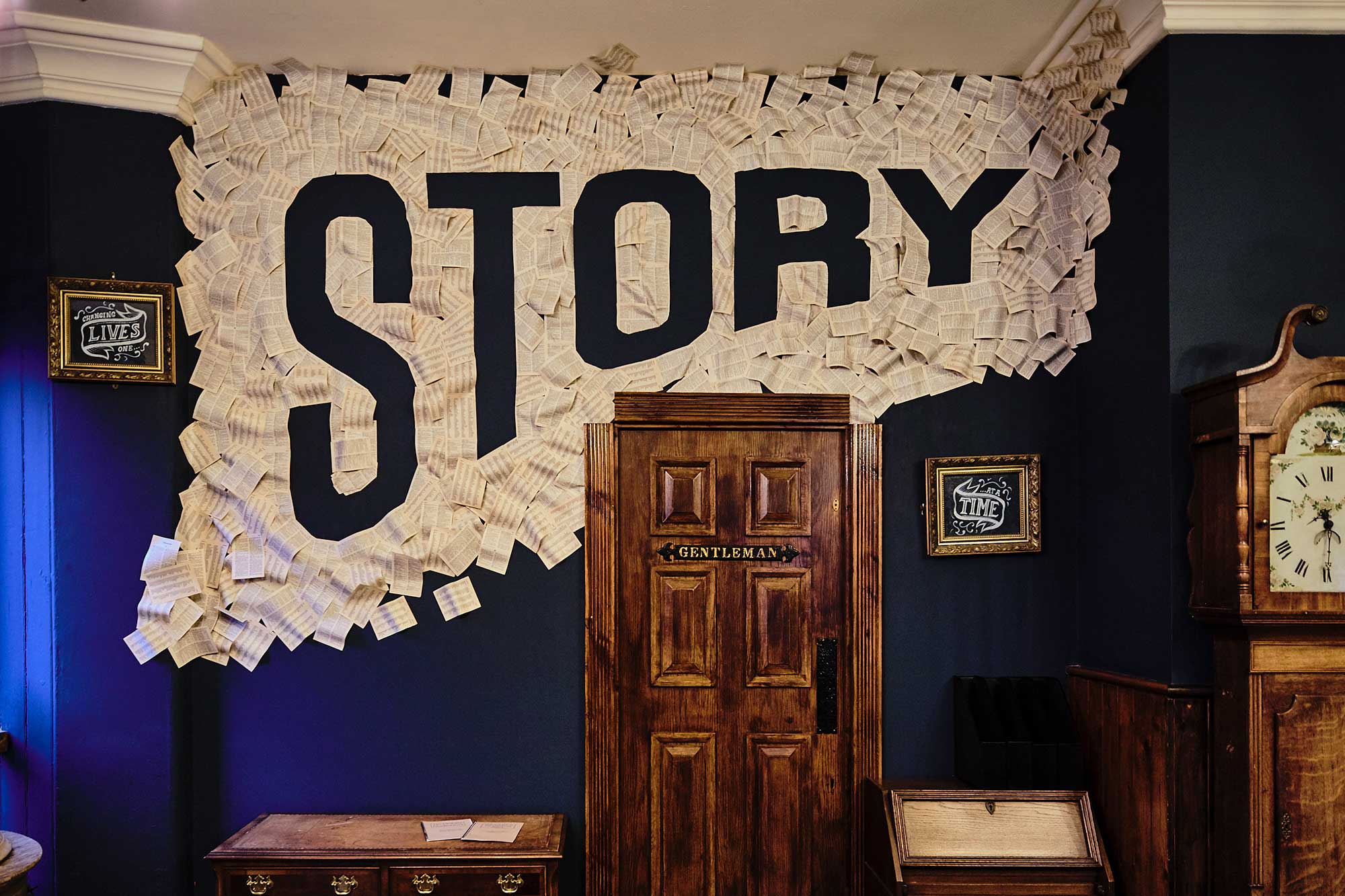 Mural made from book pages for Grimm & Co