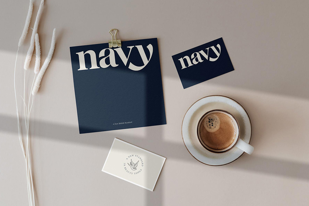 A flat lay shot of a promotional card and business card design for Navy Pro