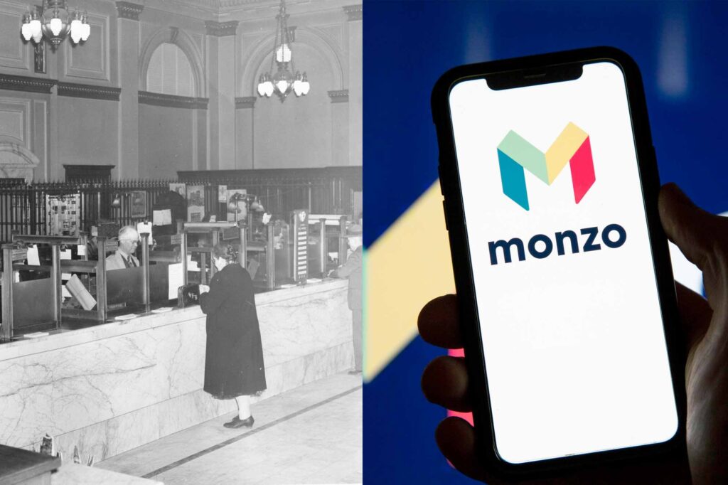 Image showing an old fashioned bank, compared to Monzo, a digital app based bank