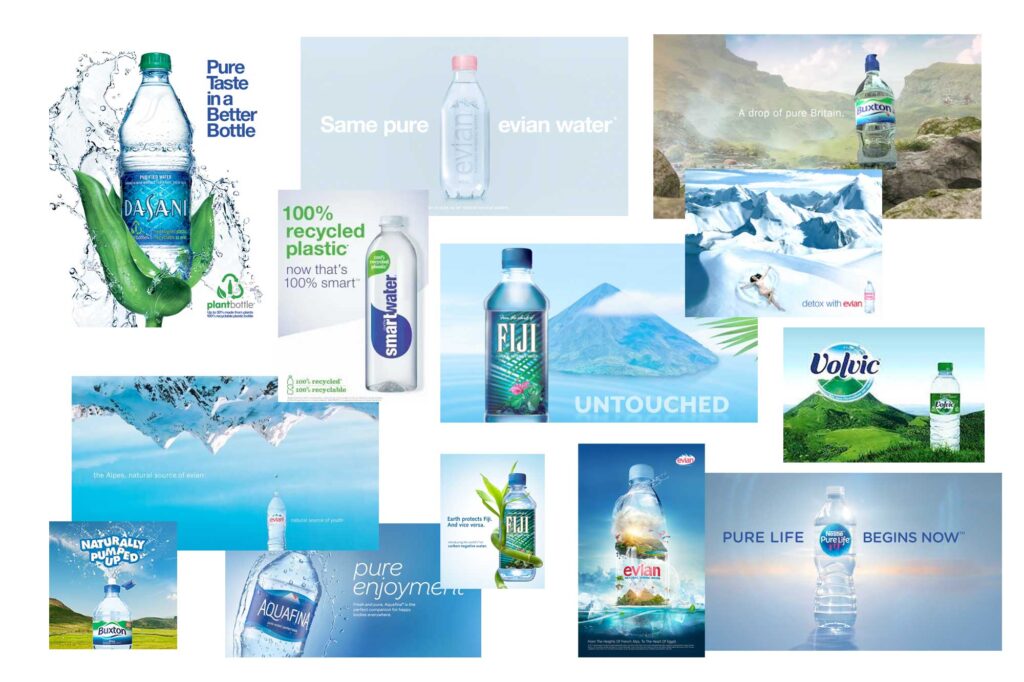 Various marketing campaigns and adverts from the bottled water industry, showing the similarity in message